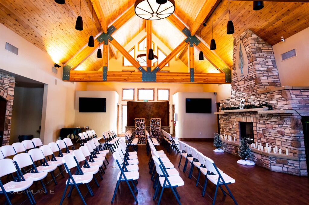 The interior of The Lodge at Cathedral Pines with chairs set up for an event