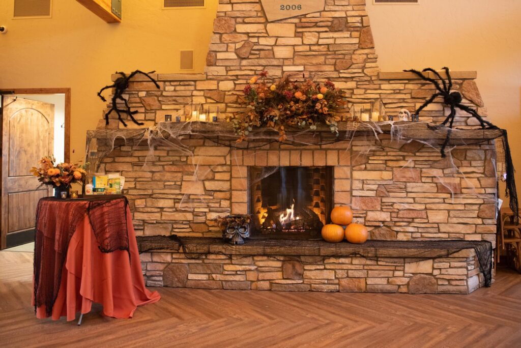 The Lodge at Cathedral Pines decorated for a Halloween party in Colorado Springs