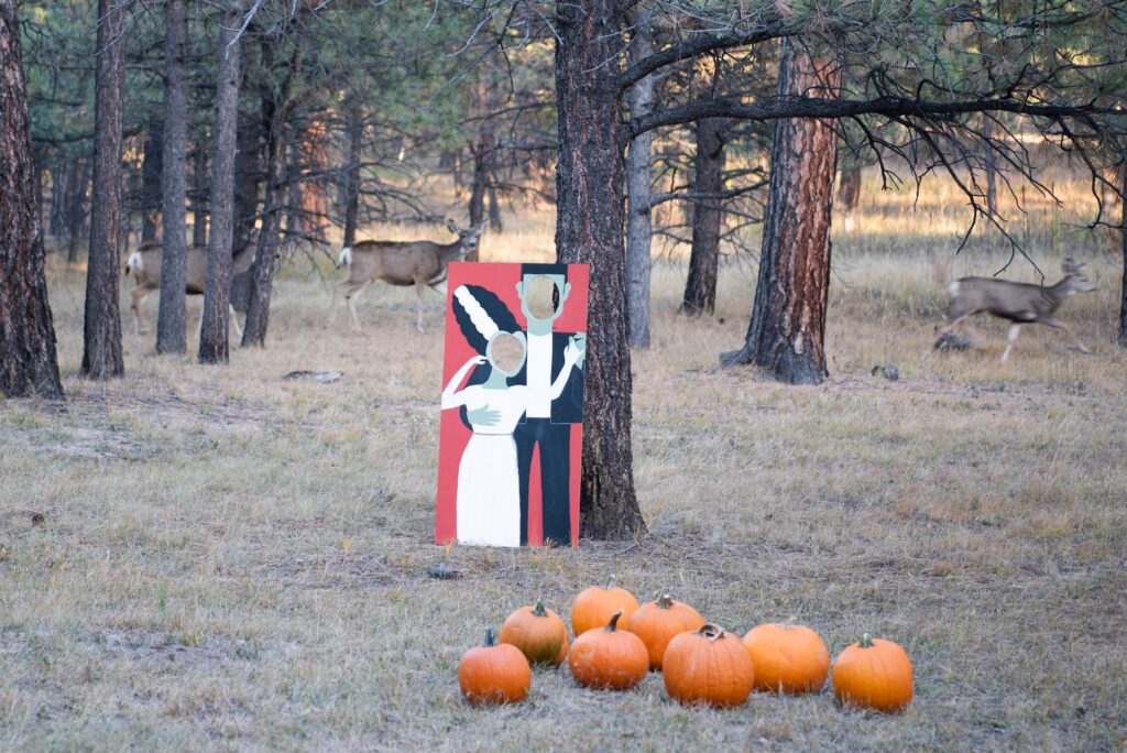 A pumkin patch and photo booth set up at a Halloween party outside at The Lodge at Cathedral Pines
