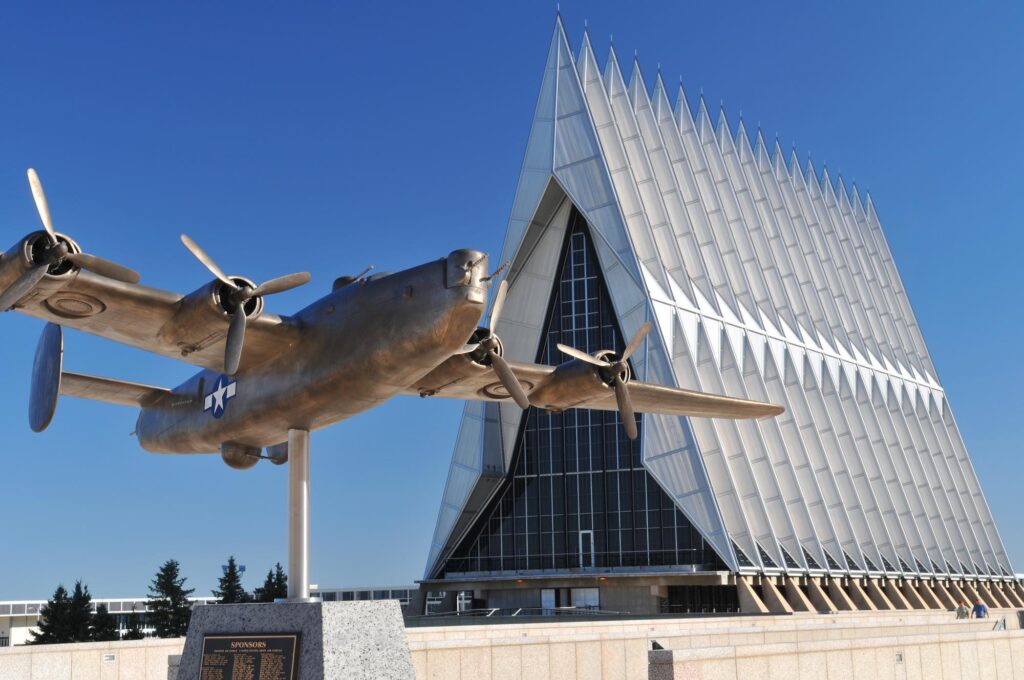 United States Air Force Academy Chapel with aircraft sculpture in the foreground
