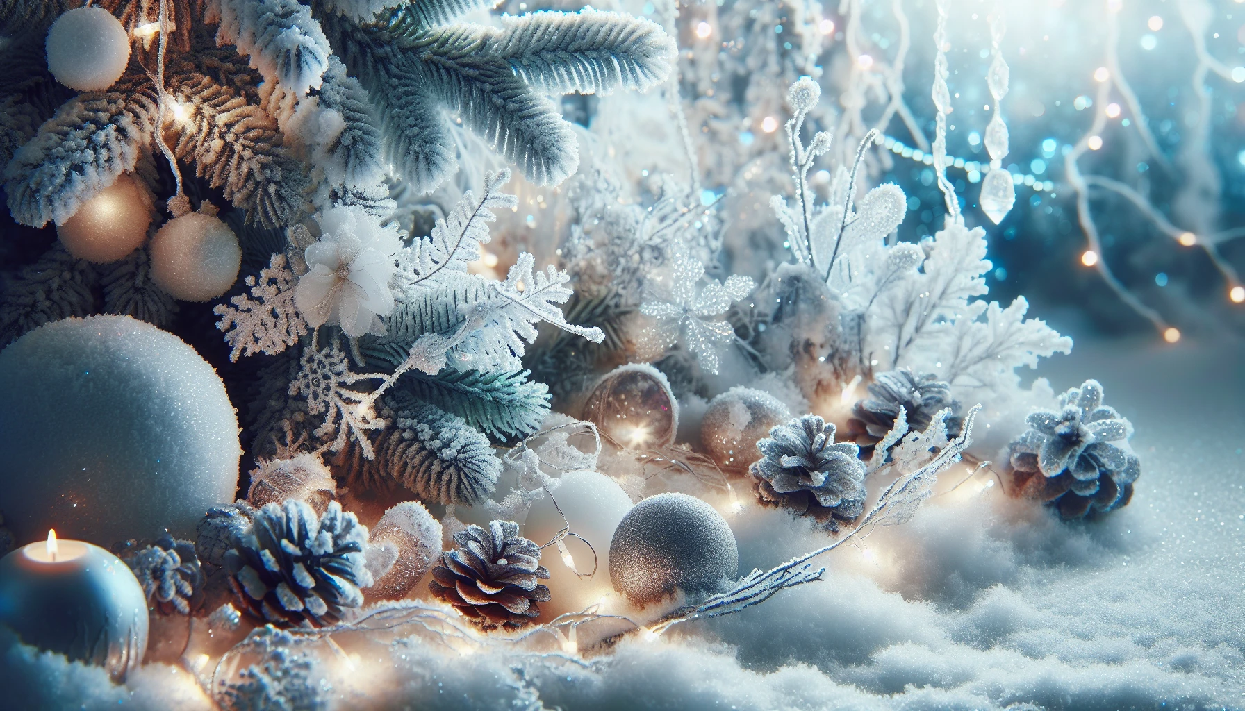 A magical winter wonderland with snowy decor and sparkly accents