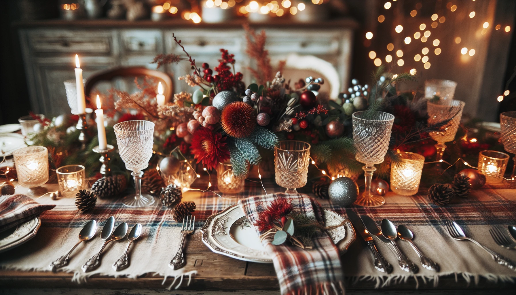 Elegant table settings with winter-inspired decor and warm textures