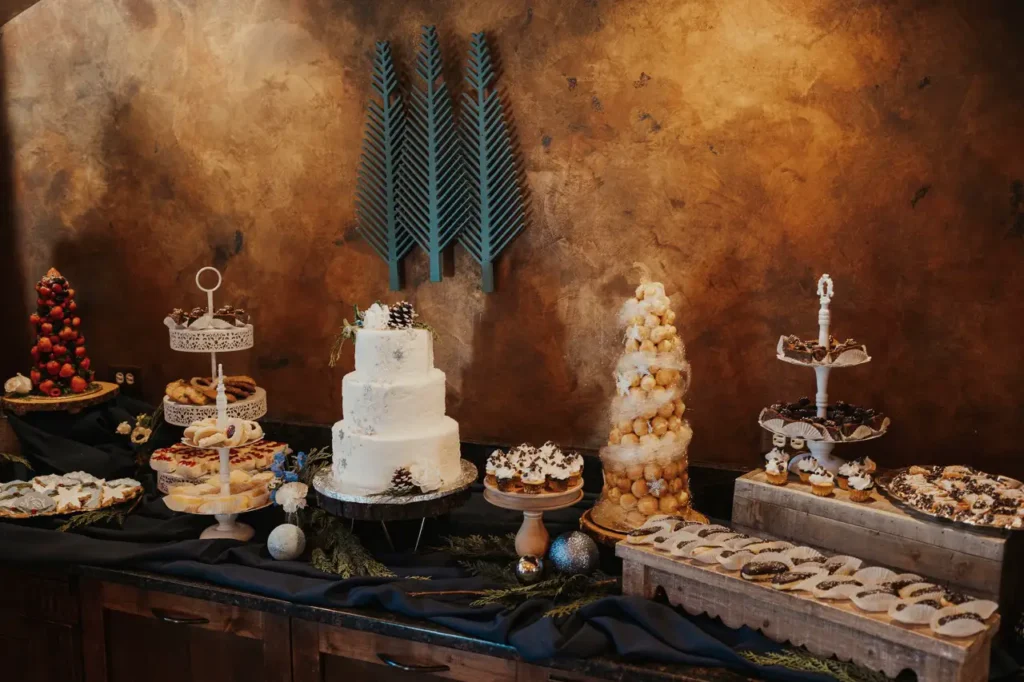 Cake station at wedding reception