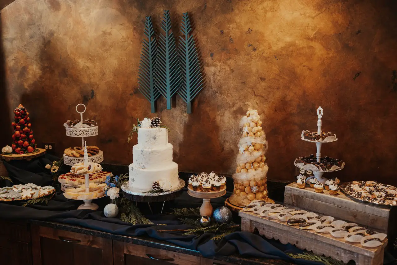 Rehearsal dinner food spread at The Lodge at Cathedral Pines