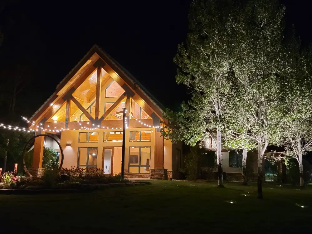 The Lodge at Cathedral Pines at night with beautiful lighting