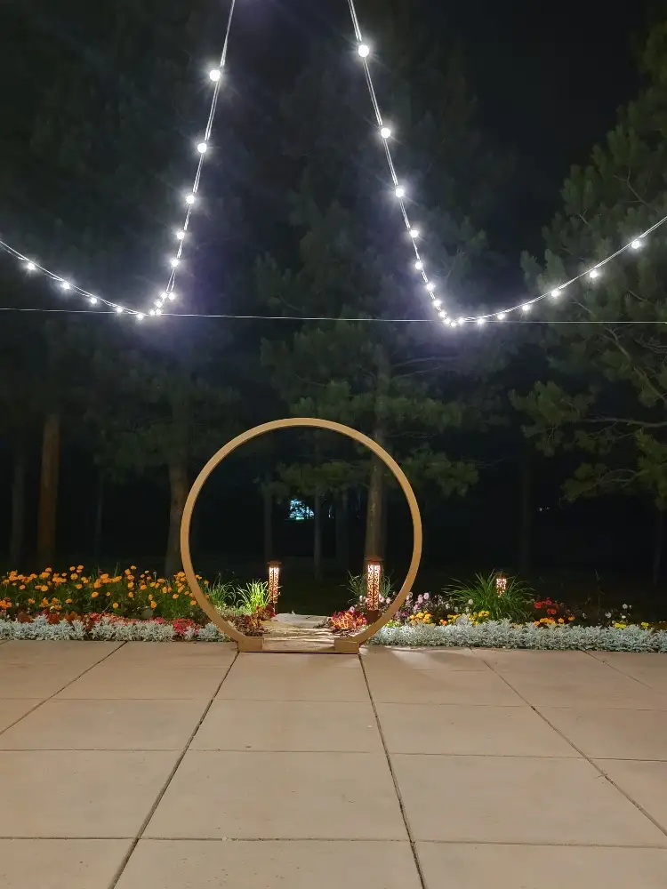 Patio lights for evening events at The Lodge at Cathedral Pines 